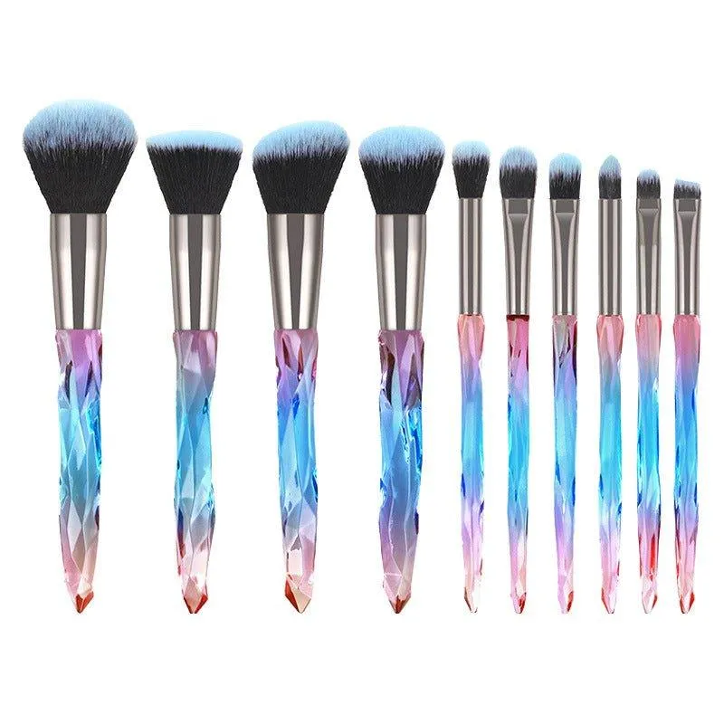 Glamorous 10-Piece Soft Hair Makeup Brush Set with Rhinestone Handles