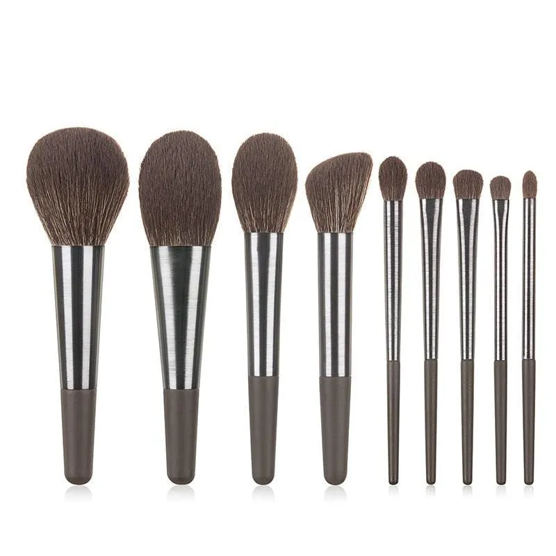 Long Brushed Aluminum Tube 9pcs Makeup Brushes Set Professional