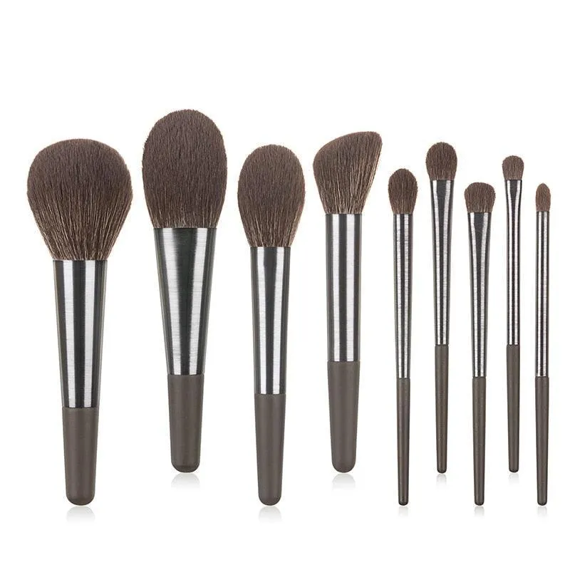 Long Brushed Aluminum Tube 9pcs Makeup Brushes Set Professional