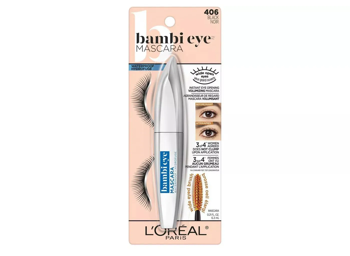 L'OREAL - Bambi Eye Waterproof Mascara Lasting Volume Black 406 - 0.21 fl oz (6.3 ml)