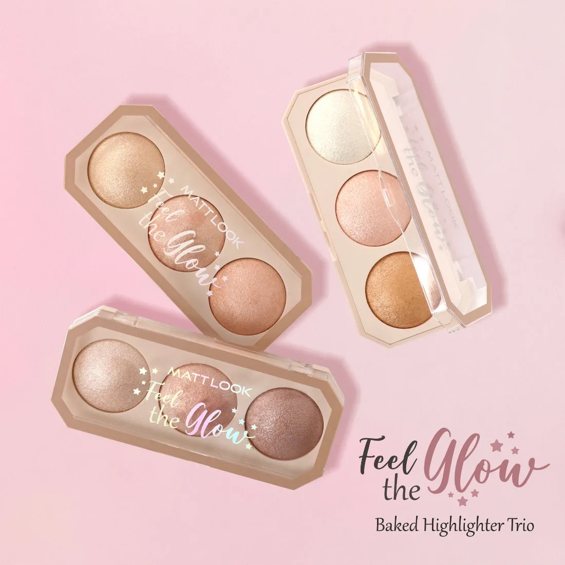 Mattlook Feel The Glow Baked Highlighter Trio, Enriched with Vitamin E, Ultra Blendable, Light Weight Baked Texture Silky & Smoth Dewy Finish, Highly Pigmented