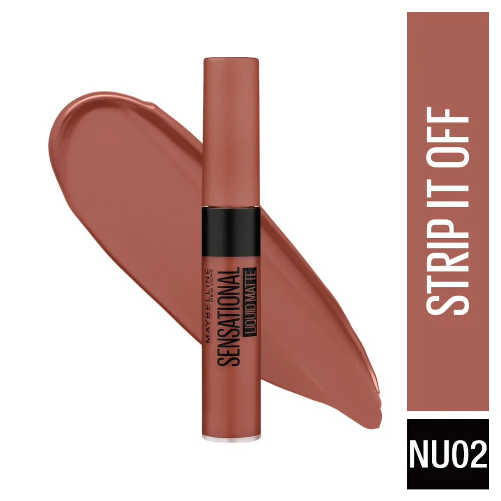 Maybelline New York Sensational Liquid Matte Lipstick, NU02 Strip It Off, 7ml - Liquid Lipstick Shades Delivering Intense Matte Color Effect