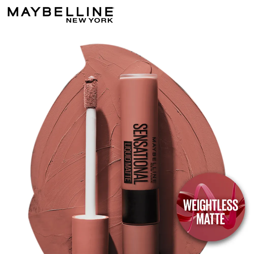 Maybelline New York Sensational Liquid Matte Lipstick, NU02 Strip It Off, 7ml - Liquid Lipstick Shades Delivering Intense Matte Color Effect